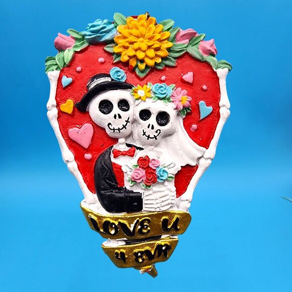 Sugar Skull Day of the Dead Love U 4 Skeleton Couple Heart Ornament Valentine - Picture 4 of 12